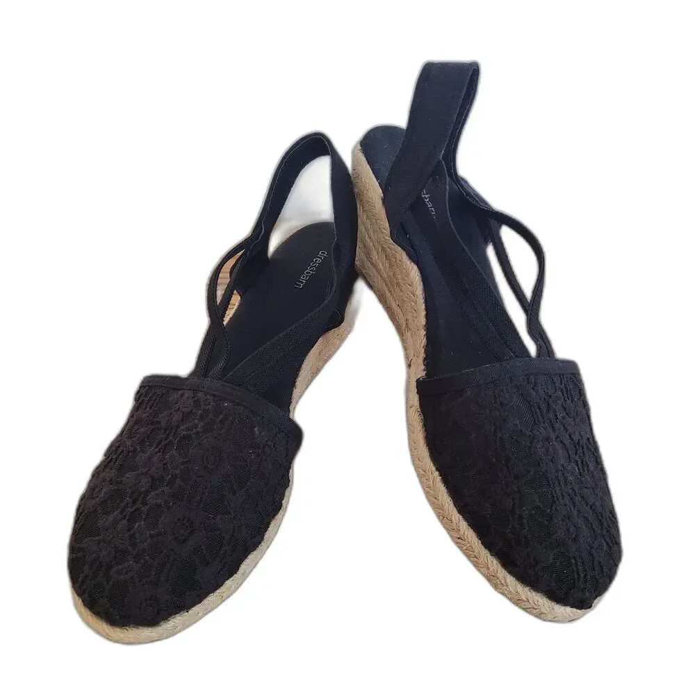 Dressbarn Taylor Black Lace Jute Heel Espadrille Wedge Sandals Size 8